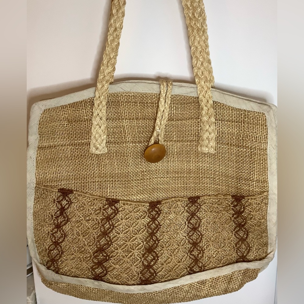 New vintage burlap crochet tote